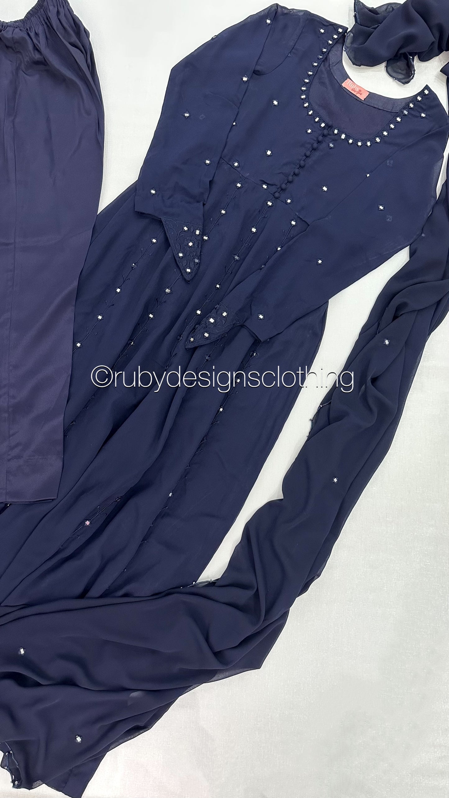 INAARA Navy - 4 Piece Chiffon Dress with Matching Bag