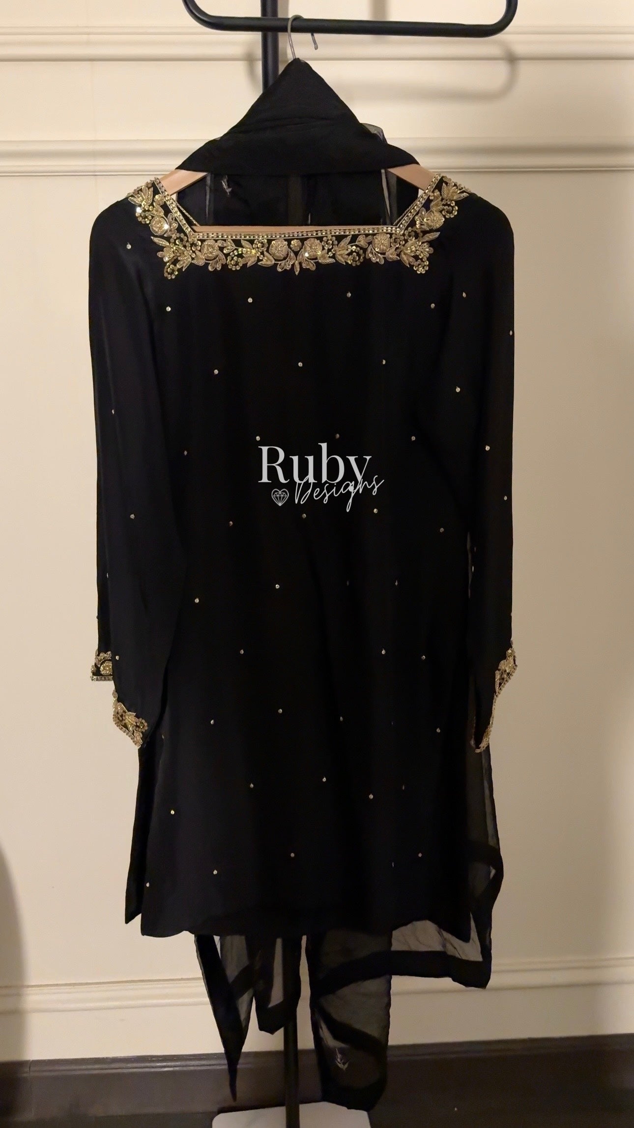 MEHER Noir - 3 Piece Silk Suit with Farshi Shalwar