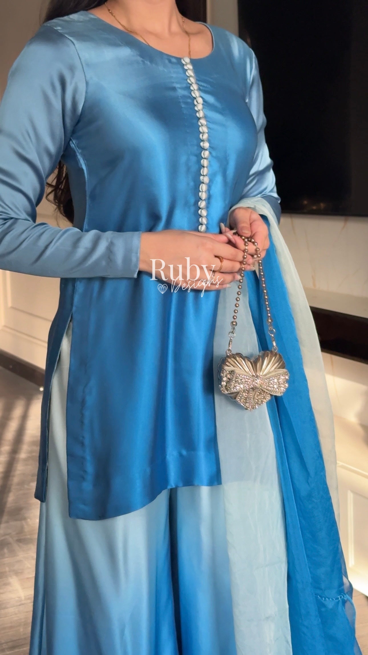 FIHA Azure - 3 Piece Ombrè Silk Suit with Flowy Wide Pants