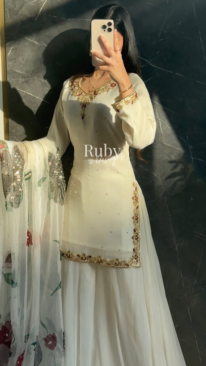 ZAIRA Ivory - 3 Piece Chiffon Sharara Suit with Hand Painted Dupatta