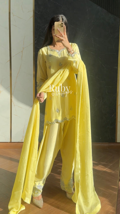 ATIFA Butter - 3 Piece Silk Suit with Shalwar