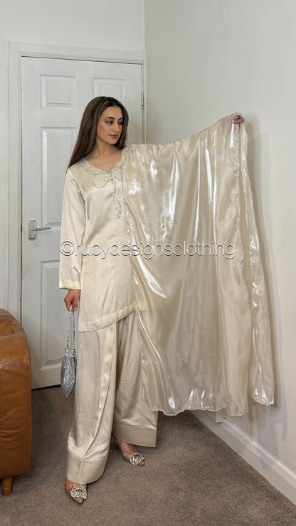 ZARA Pearl - 3 Piece Silk Suit with Farshi Shalwar and Bow Detail