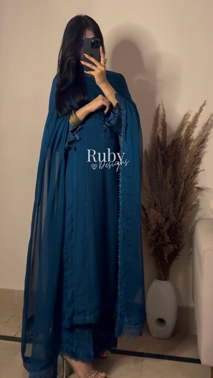 MINHA Teal - 3 Piece Chiffon Suit with Cutwork