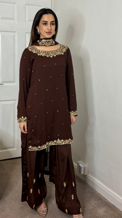 HUMNA Cocoa - 3 Piece Chiffon Suit with Farshi Shalwar