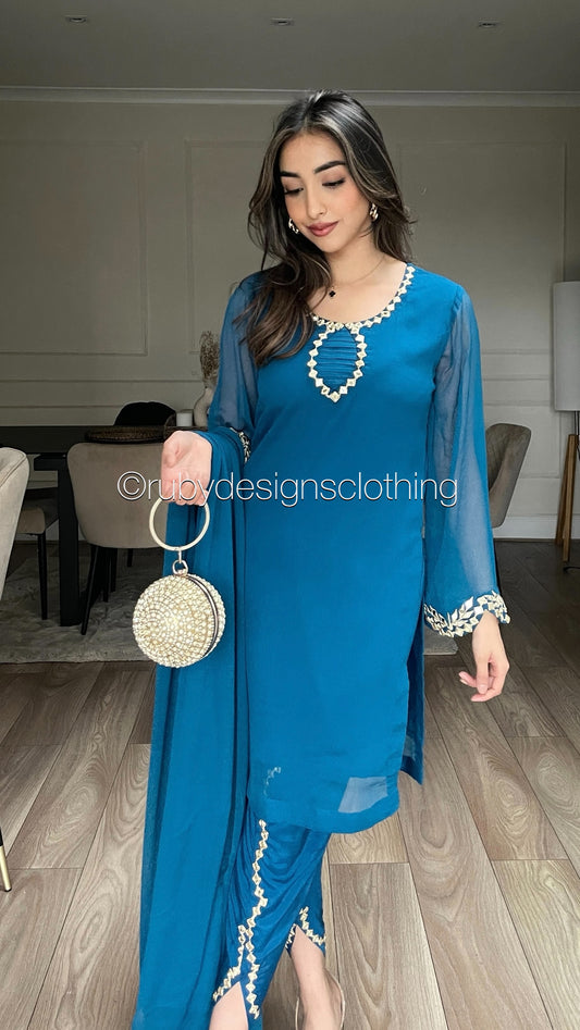 AQSA Teal - 3 Piece Teal Chiffon Suit with Tulip Trouser