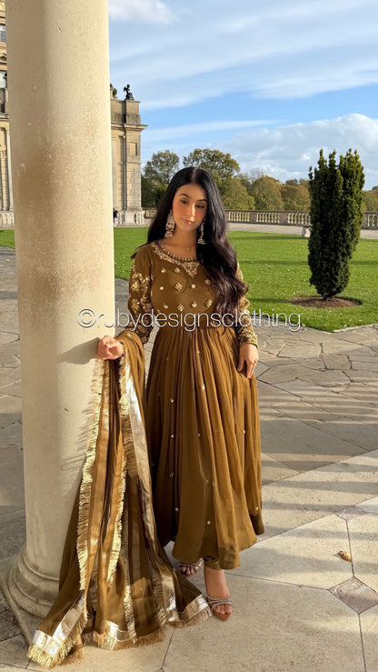 NAYRA Style 1 (Dress) - 3 Piece Khaki Chiffon Dress with Kiran Lace Dupatta and Churidaar Trousers
