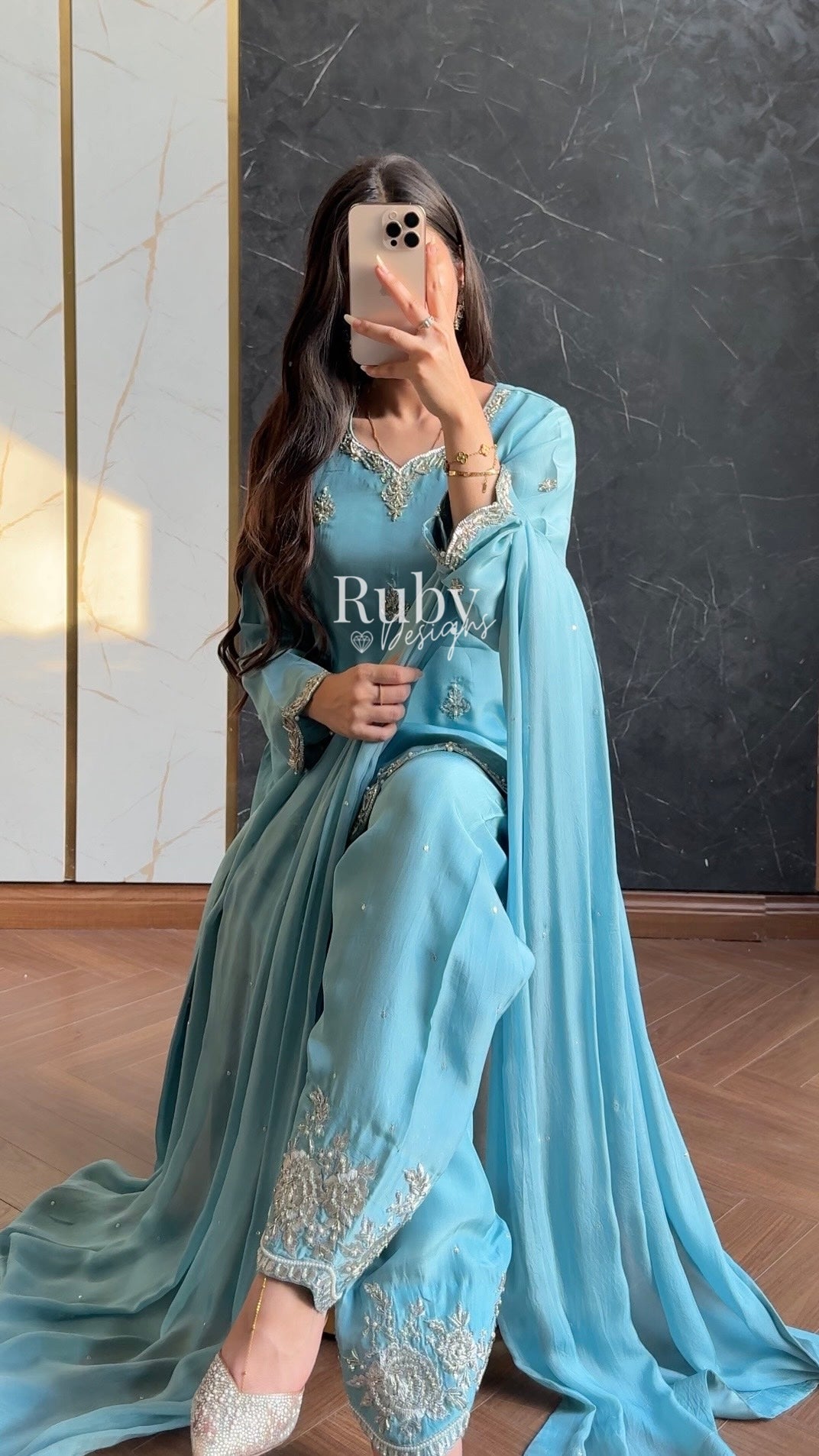 ATIFA Sky - 3 Piece Silk Suit with Shalwar