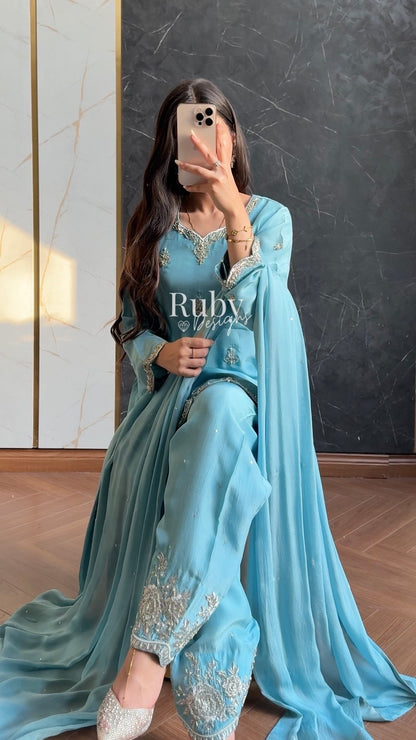 ATIFA Sky - 3 Piece Silk Suit with Shalwar