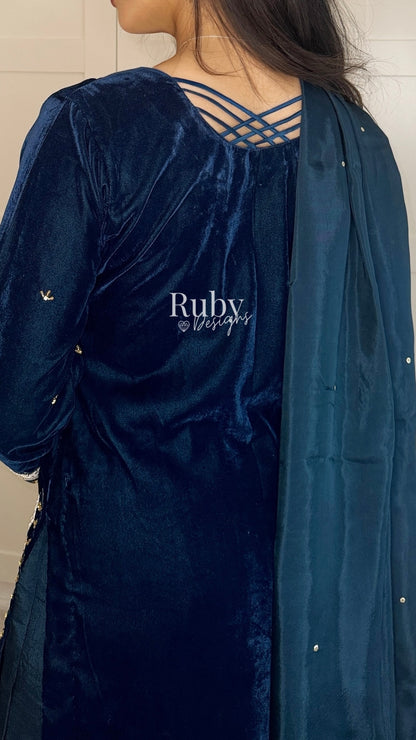 LINA - 3 Piece Teal Luxury Velvet Suit with Gold Handwork