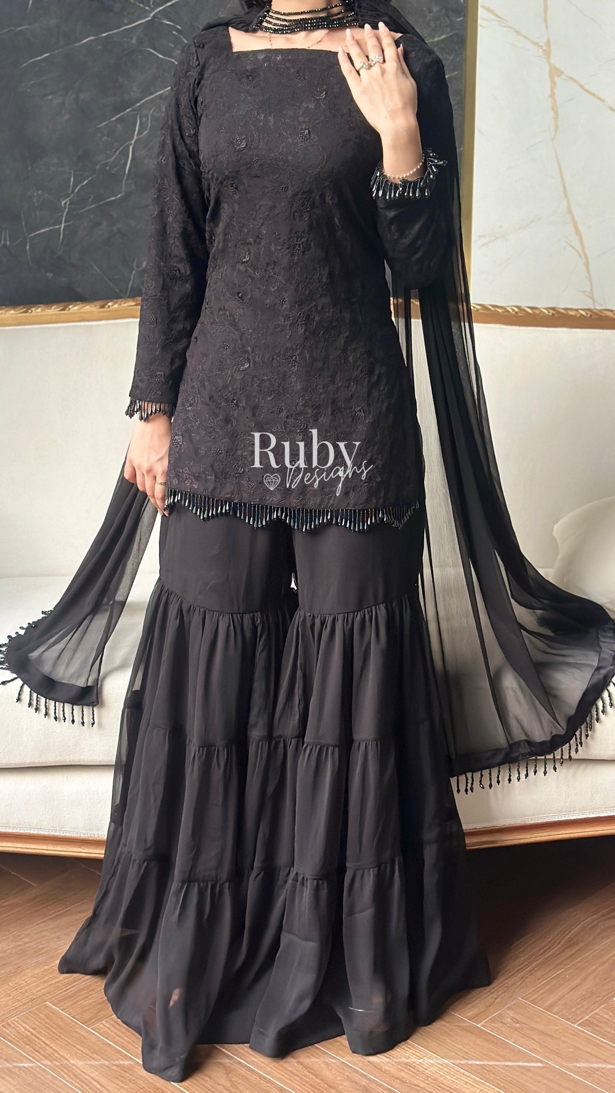 FARYAL Noir - 3 Piece Chiffon Suit with Tiered Sharara