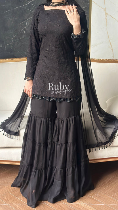 FARYAL Noir - 3 Piece Chiffon Suit with Tiered Sharara