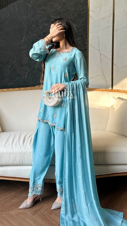 ATIFA Sky - 3 Piece Silk Suit with Shalwar