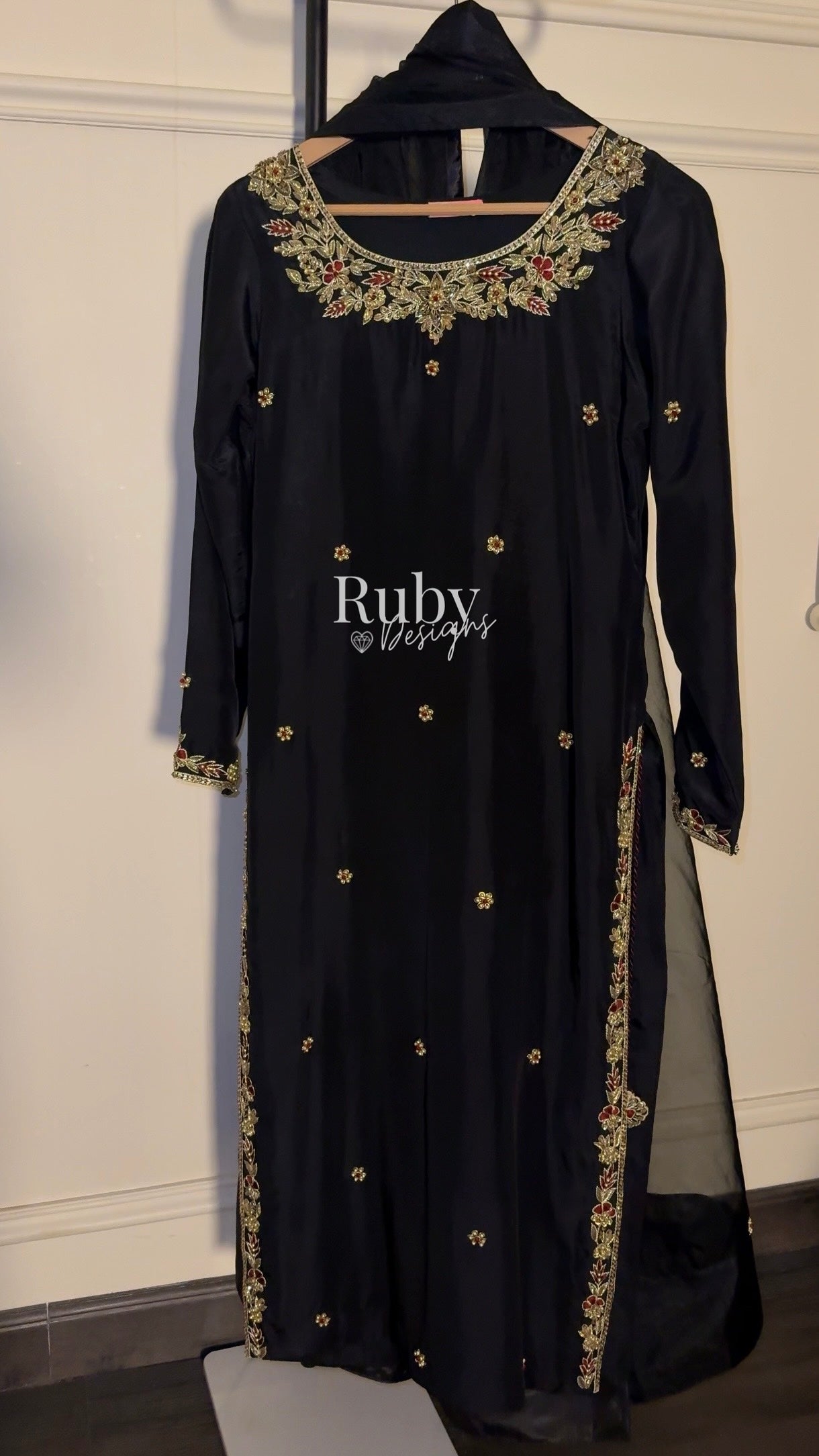 MEHRA - 3 Piece Black Silk Suit with Organza Dupatta