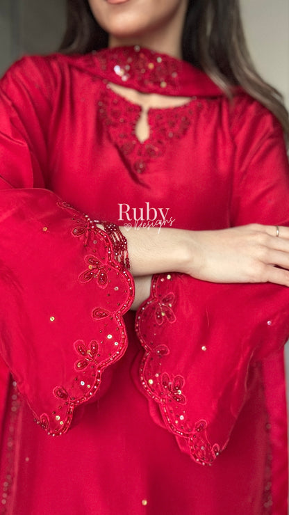 LARA Ruby - 3 Piece Luxury Silk Suit with Cutdana Handwork