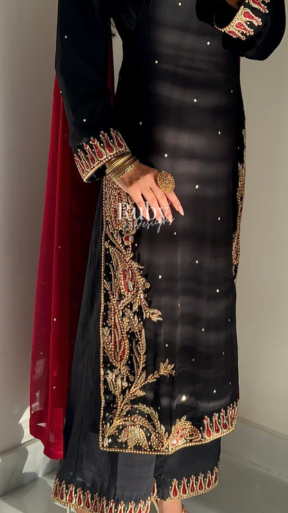 MEHRUNNISA - 3 Piece Black Chiffon Suit with Gold Handwork