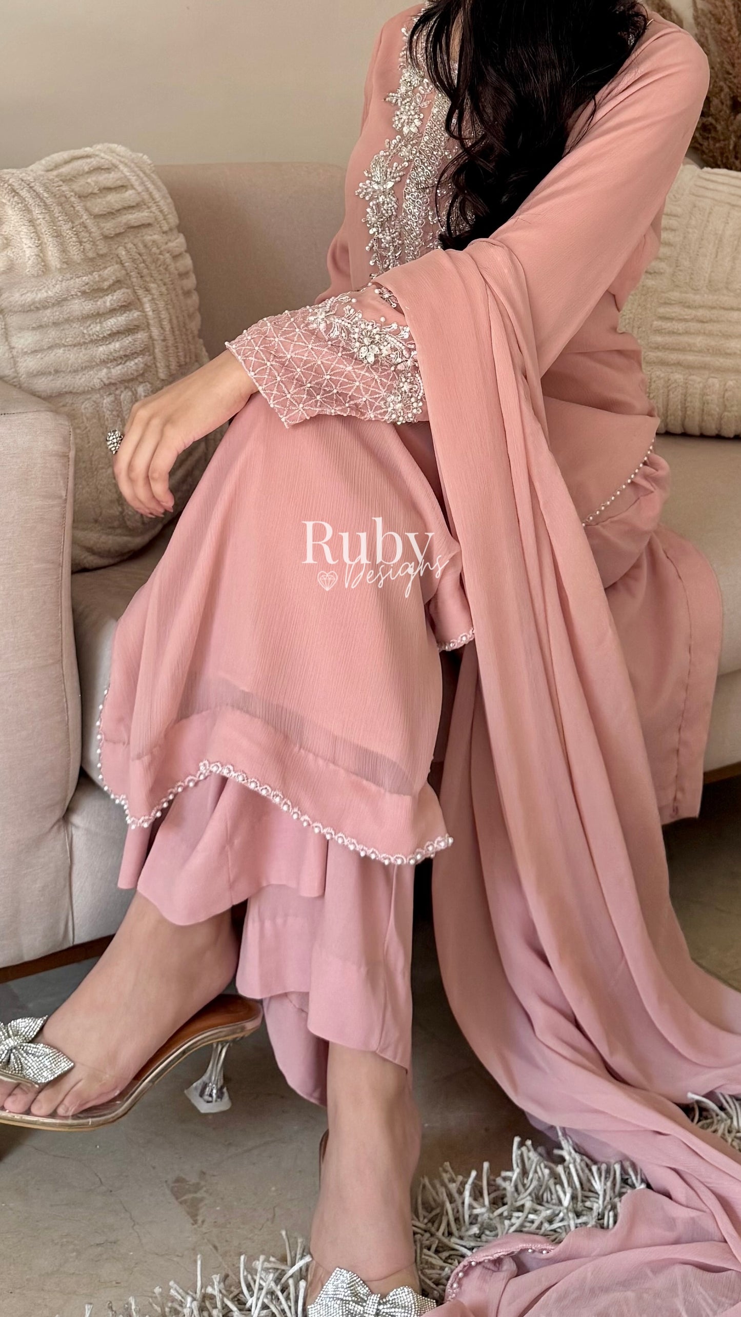 AREEN Blush - 3 Piece Chiffon Suit with Pearl and Stone Handwork