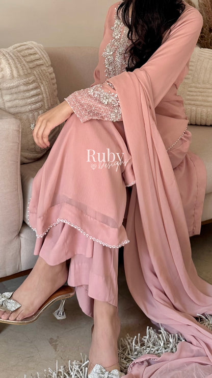 AREEN Blush - 3 Piece Chiffon Suit with Pearl and Stone Handwork