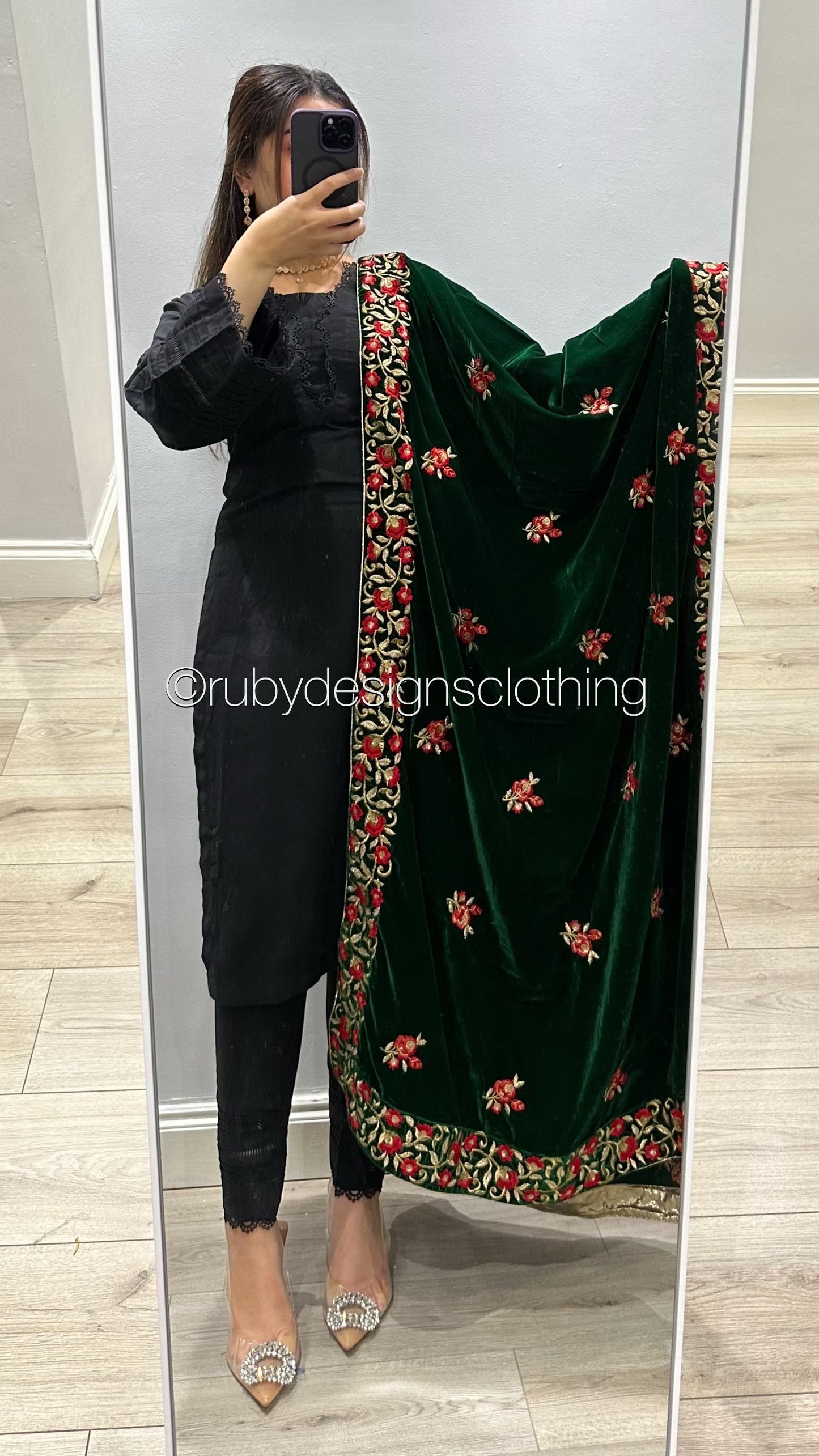 Green Velvet Shawl with Red and Gold Embroidery (8746841047253)