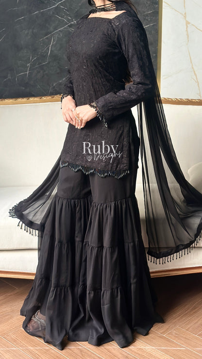 FARYAL Noir - 3 Piece Chiffon Suit with Tiered Sharara