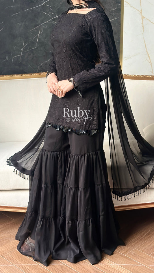 FARYAL Noir - 3 Piece Chiffon Suit with Tiered Sharara