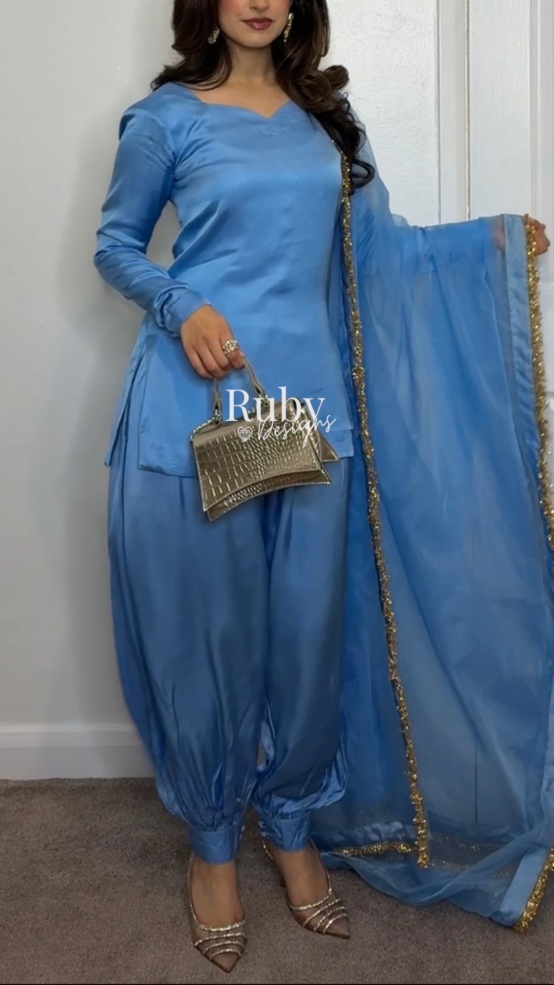 AMELLE Blue - 3 Piece Silk Suit with Balloon Pants