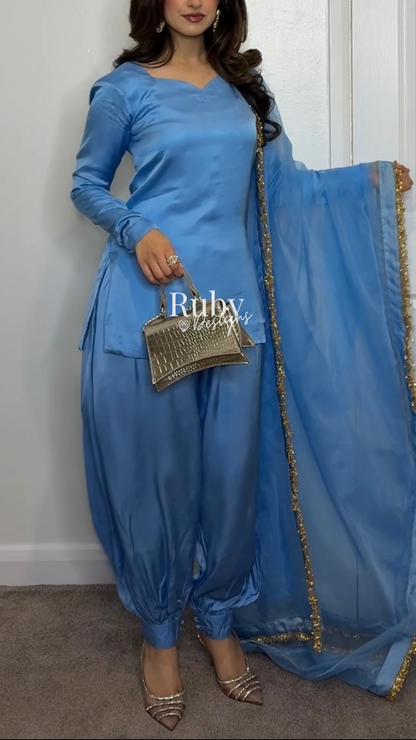 AMELLE Blue - 3 Piece Silk Suit with Balloon Pants