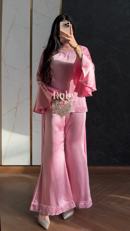 KAREENA Pink - 3 Piece Silk Suit with Crystal Choker Dupatta