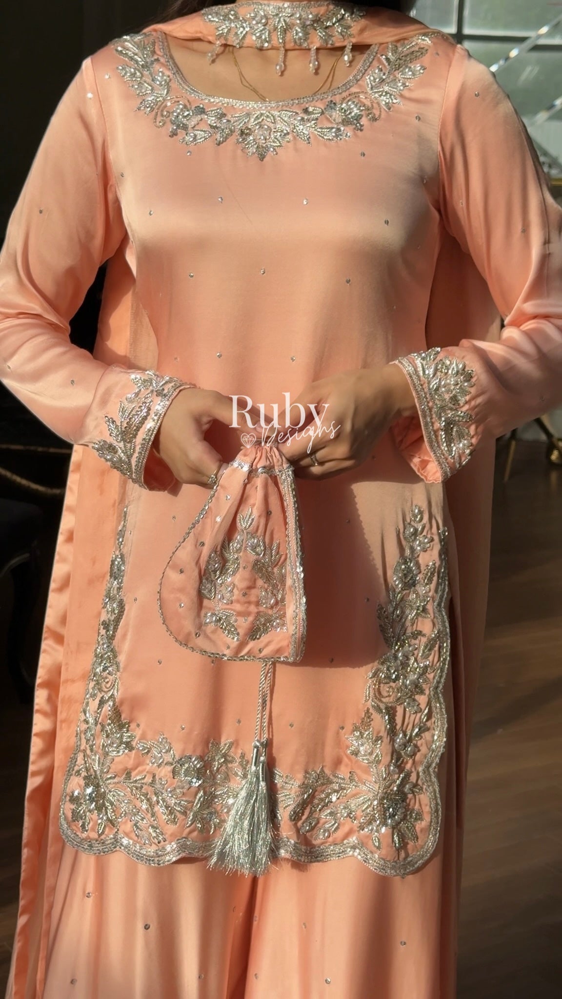 PARISA Peach - 4 Piece Silk Suit with Matching Potli Bag