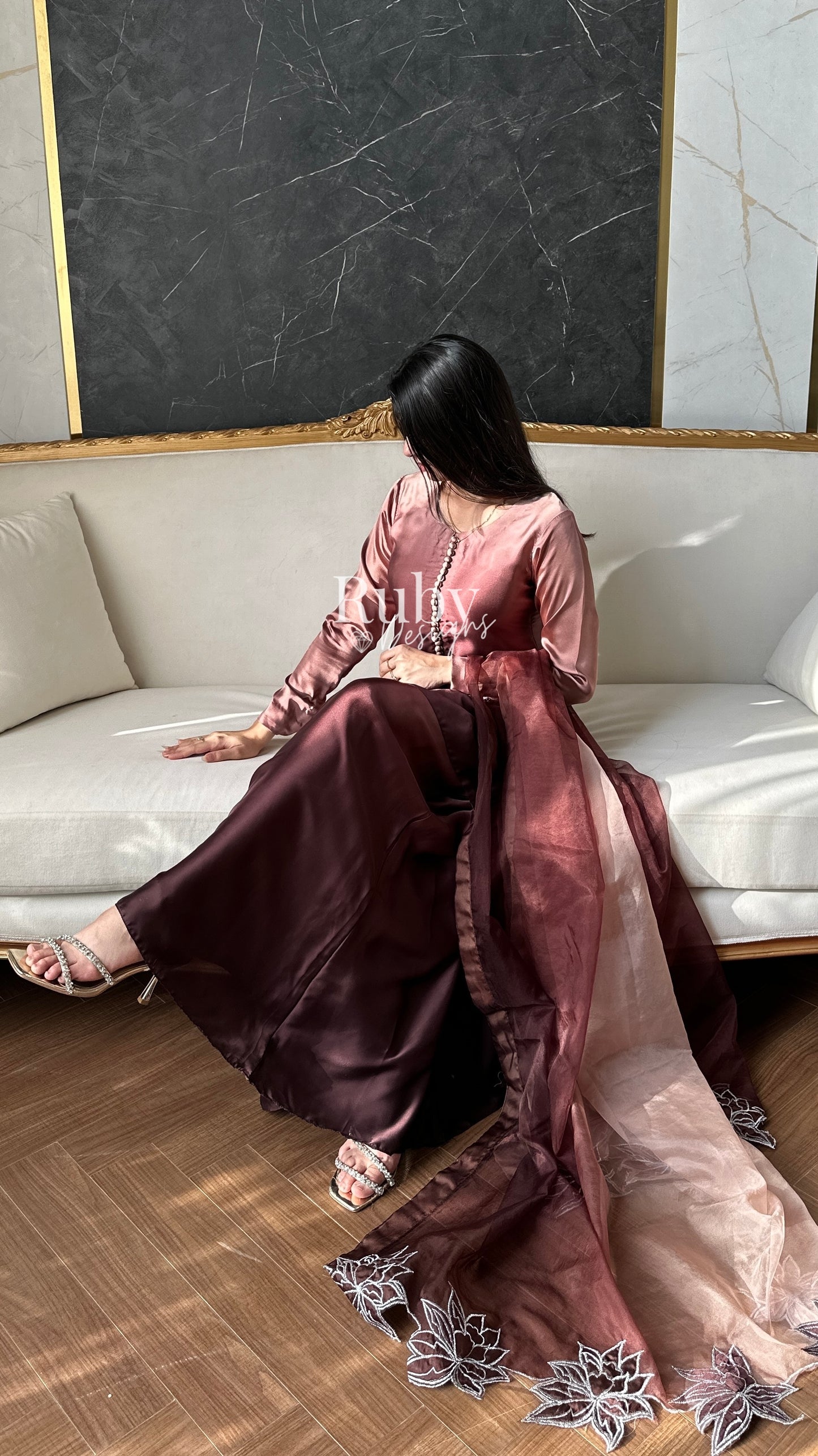 FIHA Mocha - 3 Piece Ombrè Silk Suit with Flowy Wide Pants