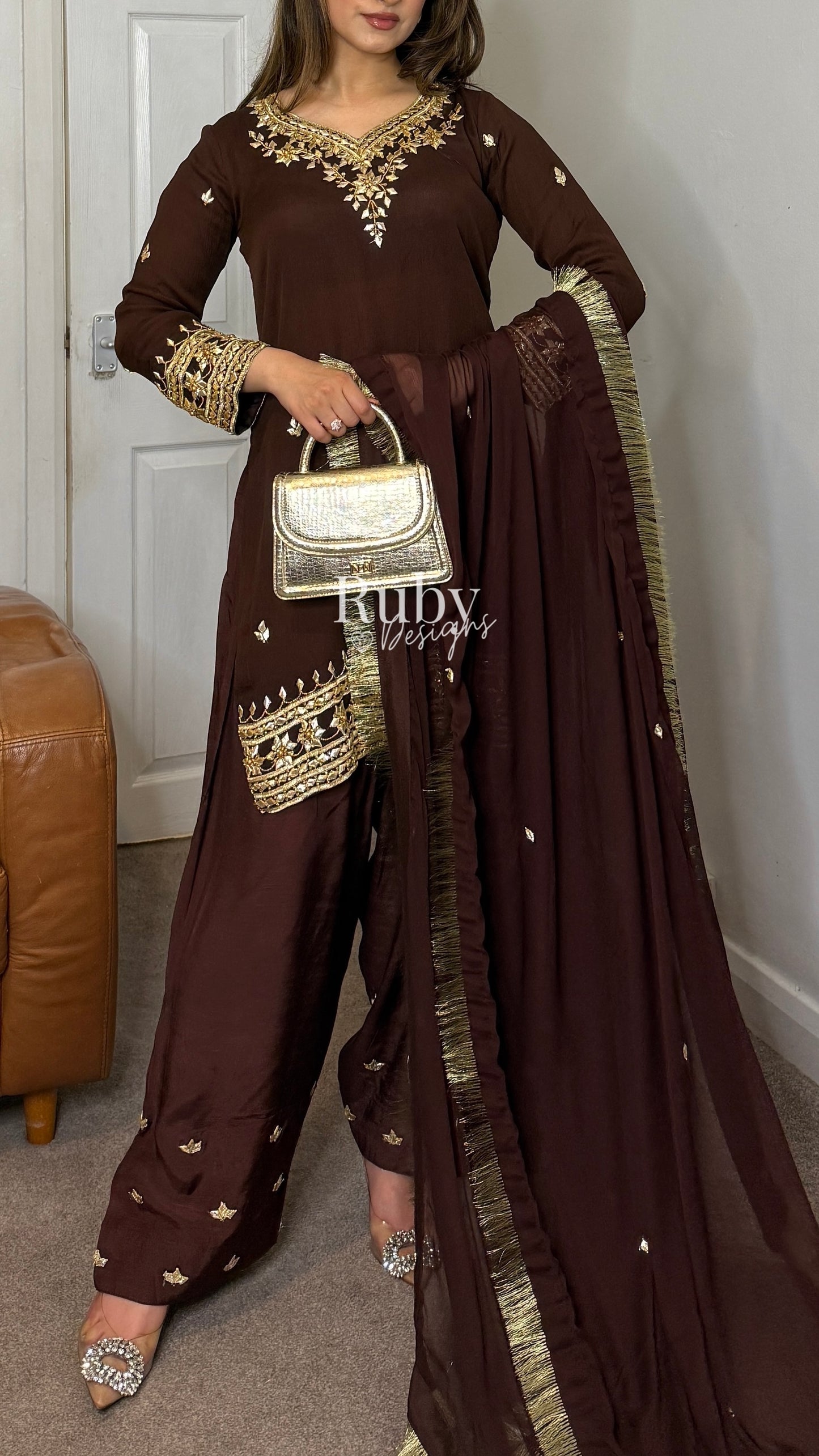 SAJAL Cocoa - 3 Piece Chiffon Suit with Farshi Shalwar and Gota Handwork