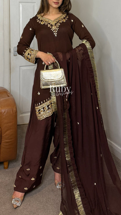 SAJAL Cocoa - 3 Piece Chiffon Suit with Farshi Shalwar and Gota Handwork