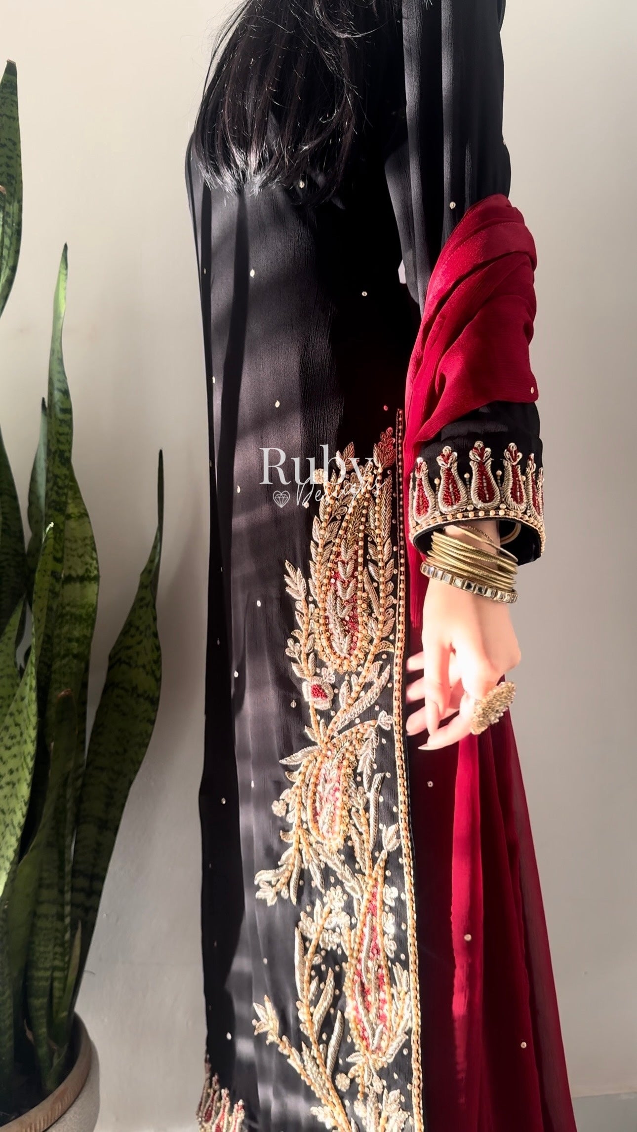 MEHRUNNISA - 3 Piece Black Chiffon Suit with Gold Handwork