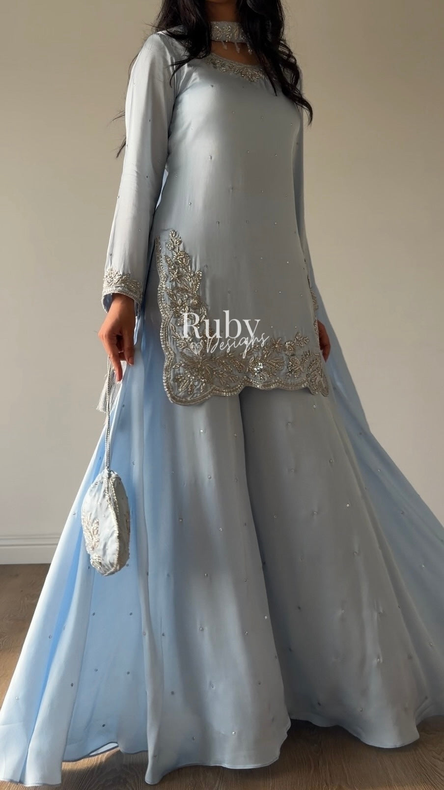 PARISA Sky - 4 Piece Silk Suit with Matching Potli Bag