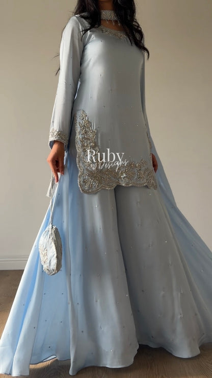 PARISA Sky - 4 Piece Silk Suit with Matching Potli Bag