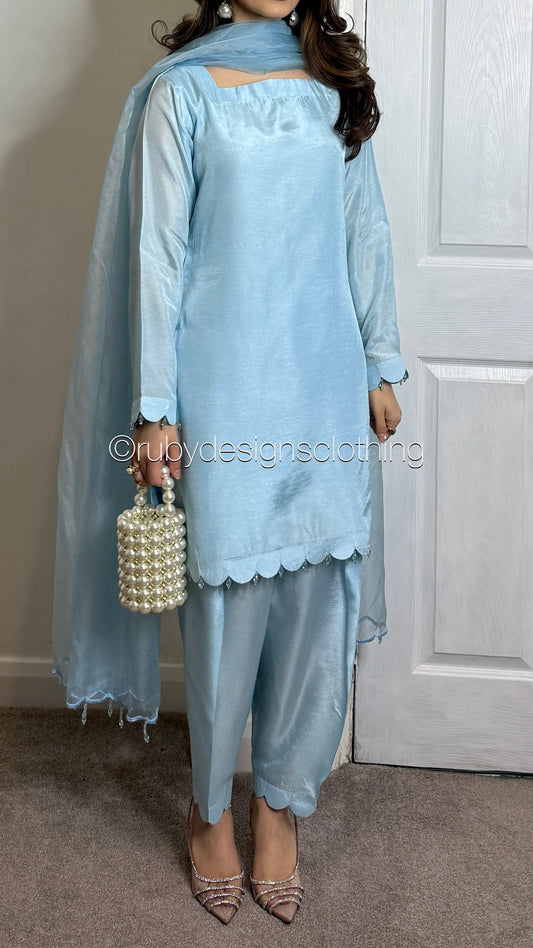 HAYAT Sky - 3 Piece Silk Suit with Skinny Shalwar