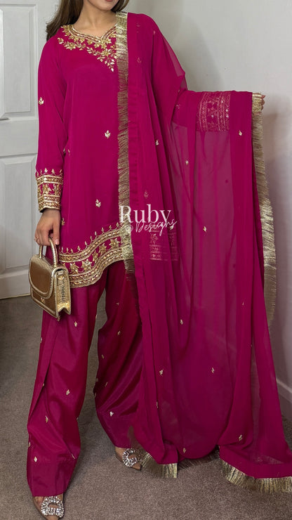 SAJAL Rose - 3 Piece Chiffon Suit with Farshi Shalwar and Gota Handwork
