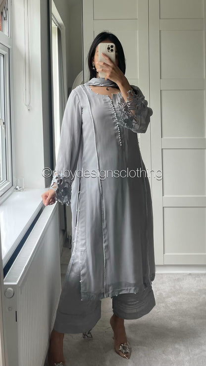 NAILA Grey - 3 Piece Chiffon Suit with Cutwork Detail