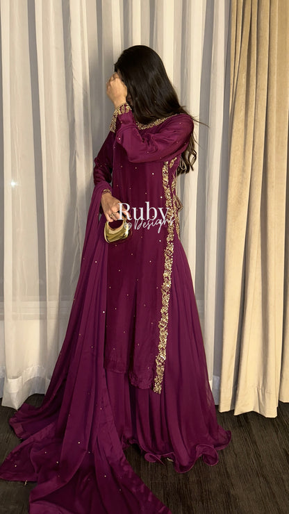 ZAINA Mulberry - 3 Piece Silk Suit with Gold Handwork