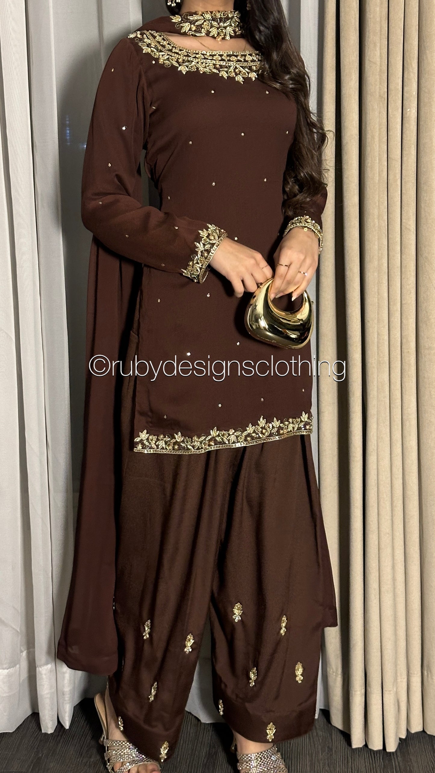 HUMNA Cocoa - 3 Piece Chiffon Suit with Farshi Shalwar