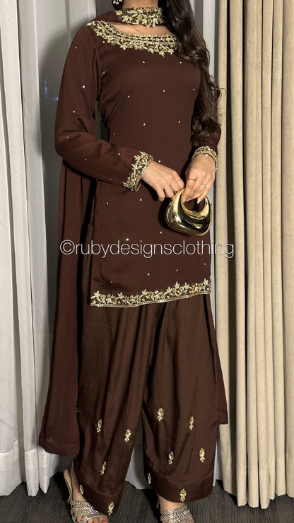 HUMNA Cocoa - 3 Piece Chiffon Suit with Farshi Shalwar
