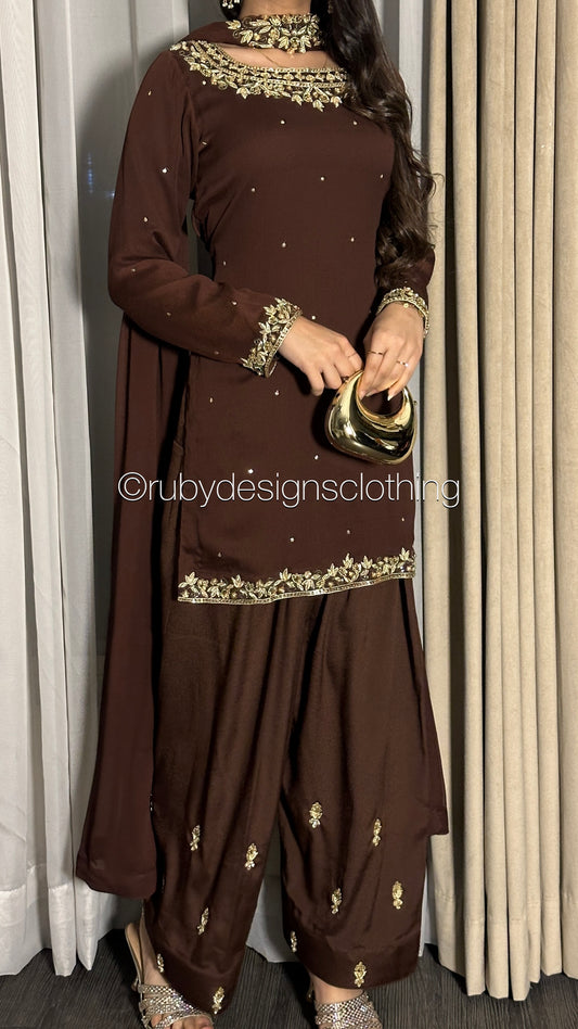 HUMNA Cocoa - 3 Piece Chiffon Suit with Farshi Shalwar