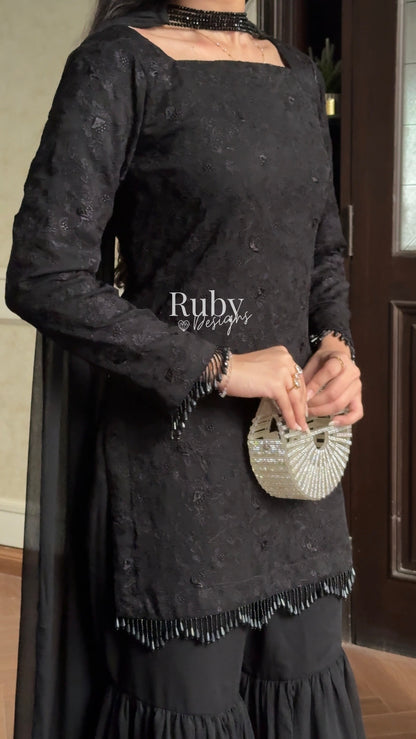 FARYAL Noir - 3 Piece Chiffon Suit with Tiered Sharara