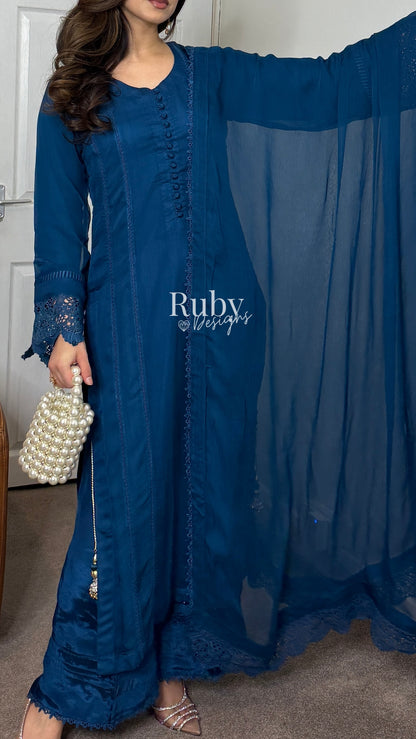 MINHA Teal - 3 Piece Chiffon Suit with Cutwork