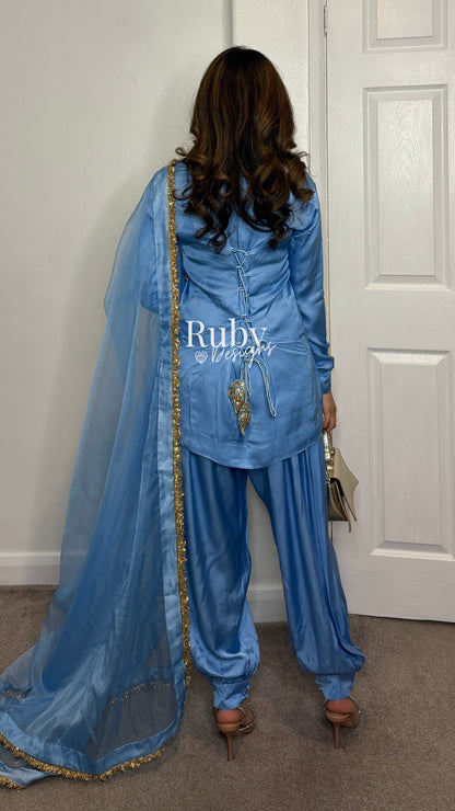 AMELLE Blue - 3 Piece Silk Suit with Balloon Pants