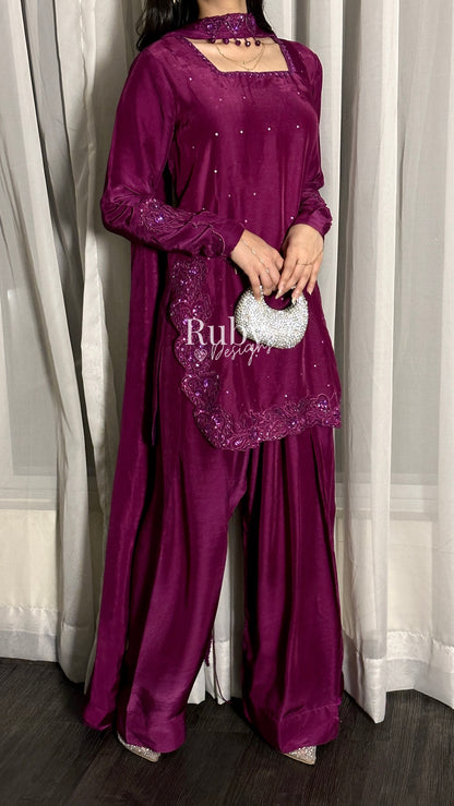PRE-ORDER (not for immediate dispatch) - SAHARA - 3 Piece Magenta Luxury Silk Suit with Cutdana Handwork
