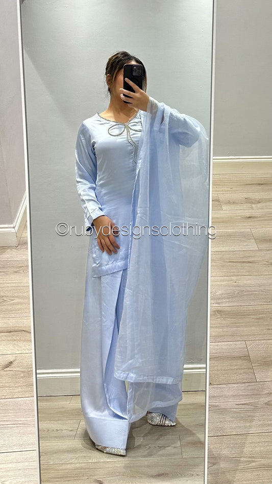 ZARA Sky - EXCLUSIVE 3 Piece Silk Suit with Farshi Shalwar and Bow Detail