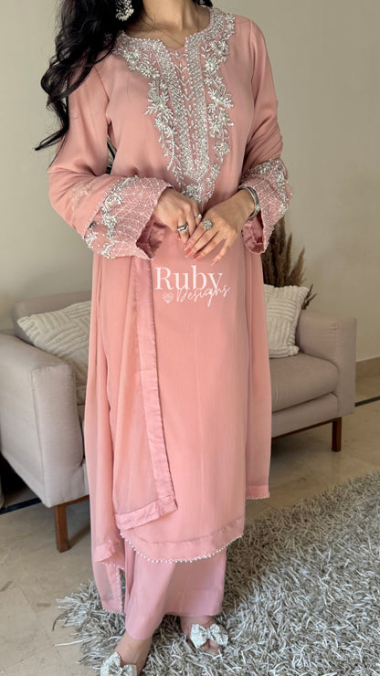AREEN Blush - 3 Piece Chiffon Suit with Pearl and Stone Handwork