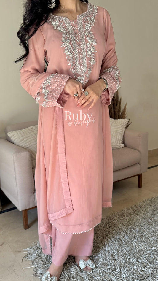 AREEN Blush - 3 Piece Chiffon Suit with Pearl and Stone Handwork