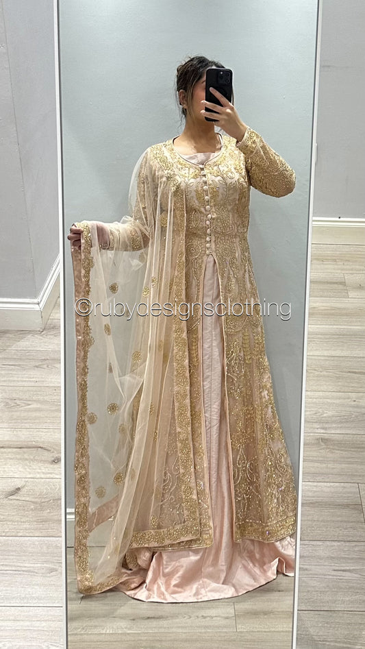 SHEILA -  EXCLUSIVE SAMPLE 4 Piece Blush Pink Net Suit with Heavy Embroidery