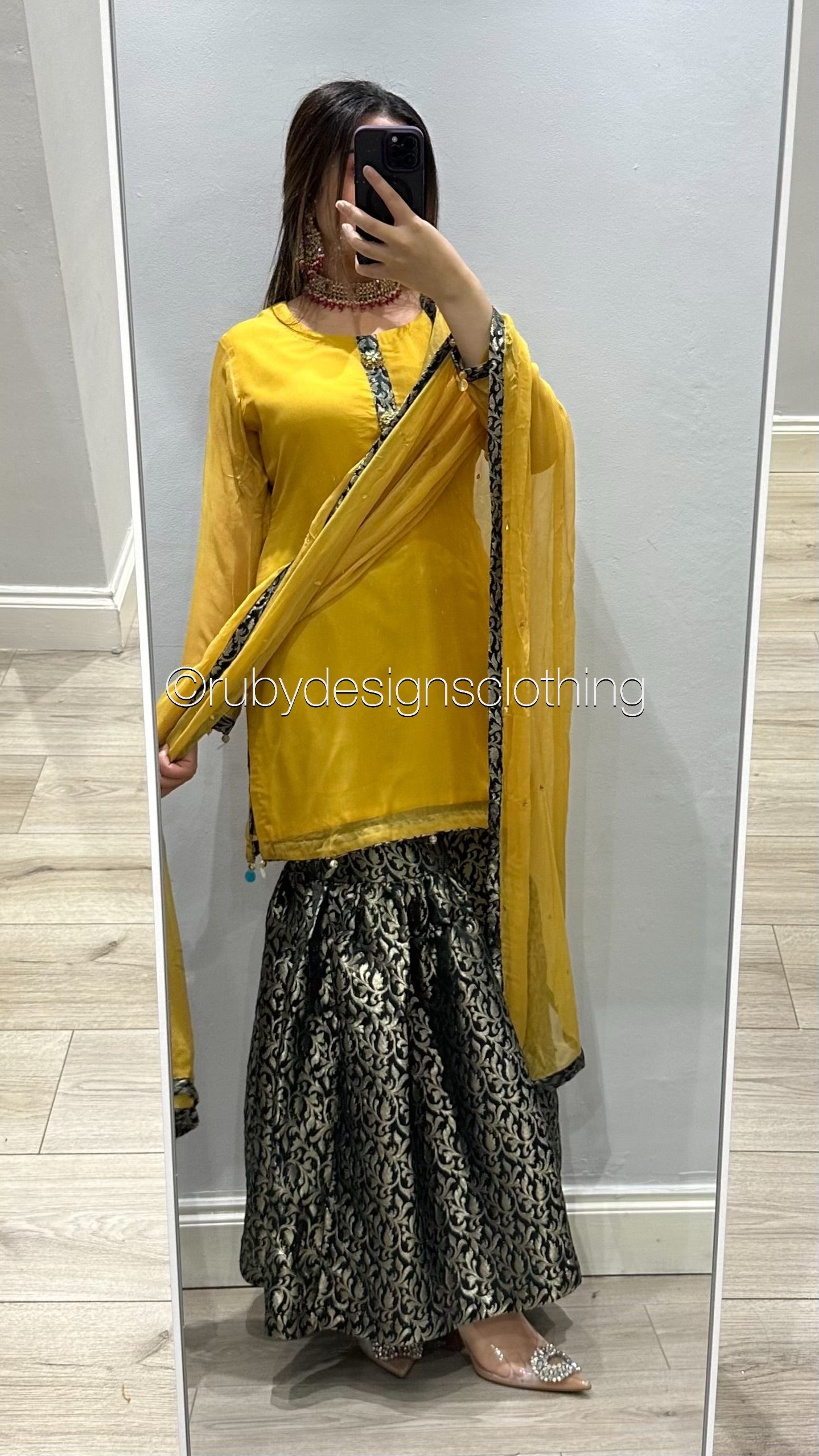 EXCLUSIVE SAMPLE - 3 Piece Yellow Chiffon Suit Shirt with Jamawar Gharara (8746851795157)